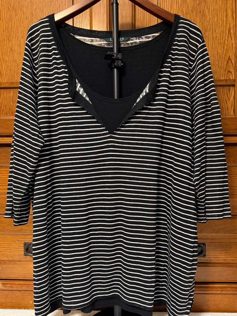 Lauren Ralph Lauren 100% Linen Striped Layered V-Neck 3/4 Sleeve Modest Curvy